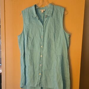 J. Jill L Sleeveless Seafoam Green Button-Down Linen Shirt